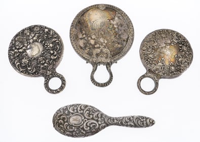 4 Sterling Silver Repousse Hand Mirrors