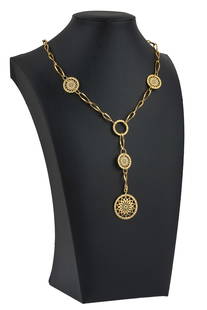 Italy 14k Yellow Gold Necklace: Italy 14k yellow gold Milos necklace. Large open loop links set with 3 small pinwheel discs and one bottom pinwheel 1" disc. 16" long necklace with 4" long hanging pendant. 11.2 grams t.w.