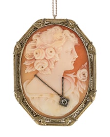 14k Cameo & Diamond Brooch Pendant