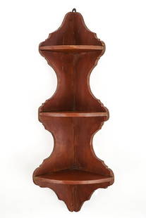 Folky 19th c Corner Shelf in Old Red Paint: Folky 19th c scalloped corner wall shelf in old red paint, square nailed construction, ht 29"