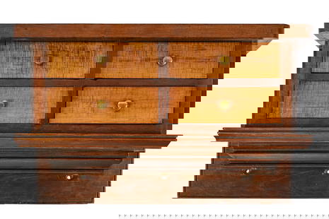 19th c Tiger Maple 4 Drawer Clock Shelf: 19th c tiger maple & cherry 4 drawer clock shelf, finely dovetailed drawers, good old finish, width 20", ht 12"