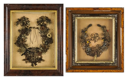Two Late 19th c Hair Wreath Memorials