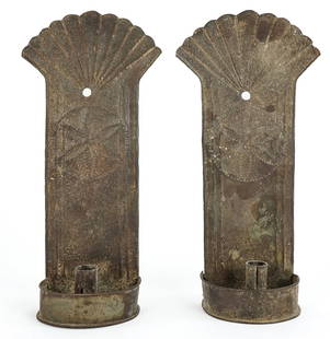 Pair of Punch Decorated Scalloped Crest Sconces: Pair of late 18th- early 19th c punch decorated scalloped crest tinned sheet iron sconces, ht 13" each, surface oxidation