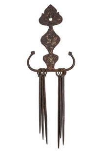Late 18th c Wrought Iron Skewer Rack: Late 18th- early 19th c wrought iron skewer rack with skewers, ht 9", overall with hanging skewers 18"