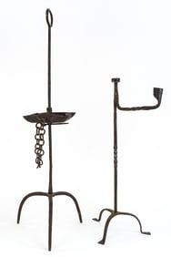 Late 18th c Wrought Iron Rush Light and Fat Lamp
