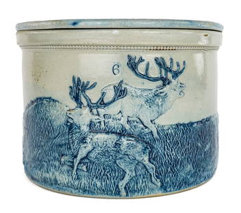 Early 20th c Stoneware Butter Box: Early 20th c stoneware butter box with lid, marked 6 (6 quart), hunting scene with hunters, deer, lid with deer, ht 6 1/2", excellent condition, diameter 9"