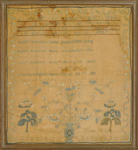 1820 Needlework Sampler Family Record: 1820 New England needlework sampler family record of Aaron Sanders b 1771/ Sally Sanders b 1779 family record, wrought by Serena S Sanders (born Dec 31st, 1807), signed "Serena S Sanders ag' 12, made