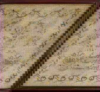 1834 Schoolgirl Needlework Sampler: 1834 schoolgirl needlework sampler with strawberries and vine, baskets of flowers, and birds, with names John Miller, Sarah Miller, Catherine Ann Miller, several small holes and burn marks, 16" x 17 1