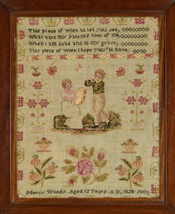 1828 Schoolgirl Needlework Sampler: 1834 charming schoolgirl needlework sampler with figures and verse, signed "Mercy Woods aged 12 years AD 1828", several areas of stitched repairs, sight 15" x 12"