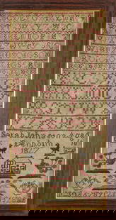 1827 Schoolgirl Needlework Sampler: 1827 schoolgirl needlework sampler with alphabet, buildings, crowns, and birds, signed "Sarah Johnston aged 10 Denholm 1827", 16 1/2" x 8"