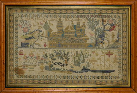1861 Schoolgirl Needlework Sampler: 1861 sophisticated schoolgirl needlework sampler with buildings, figures, ship, signed along base in faded stitching "E C…… aged 8, Caron's 1861", few small stains, 13 1/2" x 21"