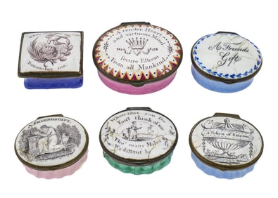6 Battersea Enamel Boxes Inscribed With Mottoes
