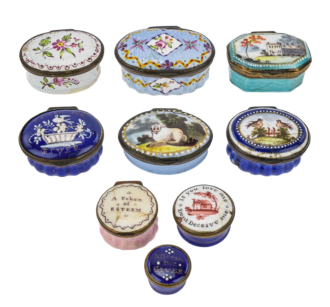 9 Battersea Enamel Presentation Pill Boxes: Group of 9 early 19th c. Battersea enamel presentation pill boxes, some with scenic and floral decoration, inscribed with mottoes including "If You Love Me, Don't Deceive Me", "Esteem The Giver" and "