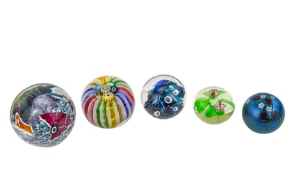 5 Art Glass Paperweights Incl. Orient and Flume