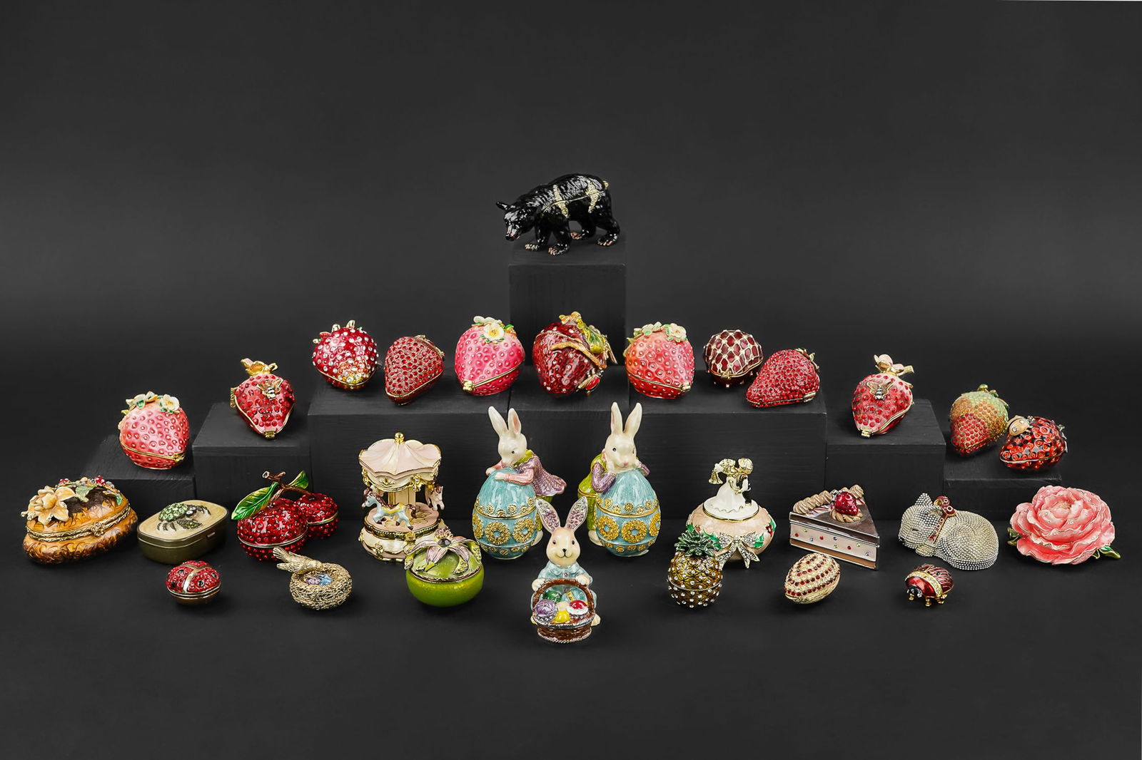 Enameled Cast Metal Figural Pill Boxes: Collection of 30 enameled cast gilt metal figural pill boxes including jeweled strawberries, wildlife with Austrian crystal embellishments, some signed "Ciel", etc. 1.5" -3.5"