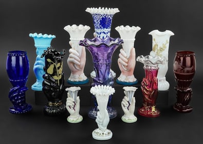 11 Victorian Figural Colored Art Glass Vases