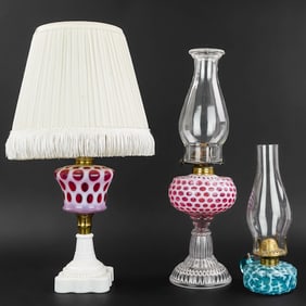 3 Opalescent Colored Glass Oil Lamps