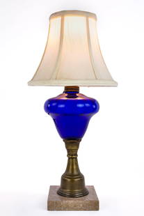 Marble and Brass Base Lamp With Cobalt Blue Font: 19th c. oil lamp with unusual cobalt blue glass font on brass and marble base, converted to electricity, overall good useable condition 5" x 10.5 (to top of collar)