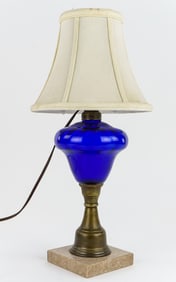 Marble and Brass Base Lamp With Cobalt Blue Font