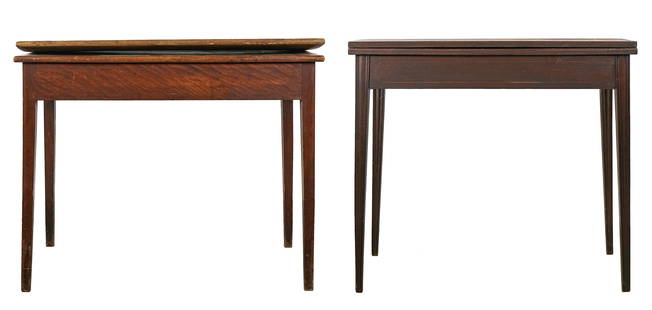 2 18th c Card Tables: 2 American 18th c card table. One New Hampshire Hepplewhite flame birch rectangular in original surface (warping to lift top), swing leg, 36" wide. Chippendale mahogany rectangular lift top with molde