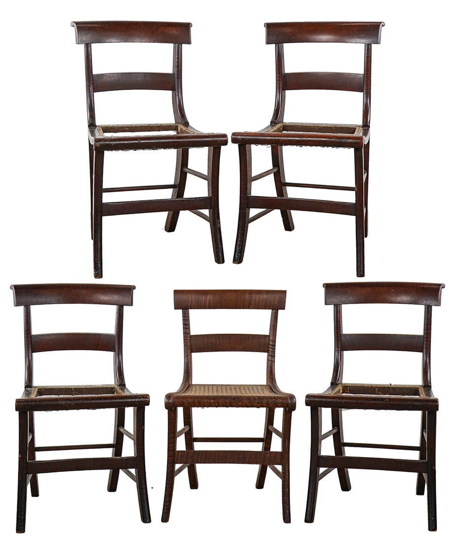 Set of 5 Tiger Maple Saber Leg Chairs. (1 of 6)