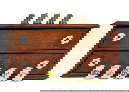 Small 2 Drawer Spool Cabinet with Thimbles: Small 2 drawer spool cabinet with thimbles (40+ pcs), walnut case, square nail and rabbeted joint construction, 10" x 6" x 4 1/2"
