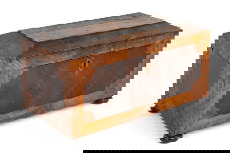 19th c English Inlaid Mahogany Tea Box: 19th c English inlaid tea box/ valuables box, mahogany, ebony, and fruitwood, 12" x 6 1/2" x 6 1/4"