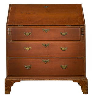 19th c Hepplewhite Maple slant front desk: 19th c Hepplewhite Maple slant front desk, some figure refinished with three drawers 40.5 x 34.5 x 18.5"