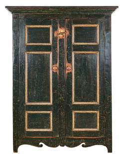Benchmade 20th c Quebec Armoire: Excellent 20th c benchmade Quebec pine armoire constructed with pair of salvaged 18th c. paneled doors, simulated scraped distressed dark green painted surface over red wash and cream paint, shaped sk