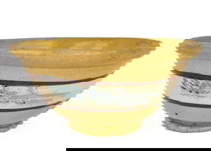 Yellowware Dendrite Seaweed Decorated Bowl: 19th c. Yellowware pottery banded mixing bowl having dendrite seaweed style blue spatter decoration, some crazing and staining, kiln bursts to interior glaze, overall good condition commensurate with