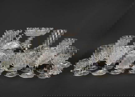 20 pcs. Early American Pattern and Flint Glass: Collection of 20 pcs. of Early American Pattern Glass EAPG tableware including inverted ribbed fern covered sugar bowl and creamer with applied handle, 4 ribbed inverted fern goblets, Boston and Sandw