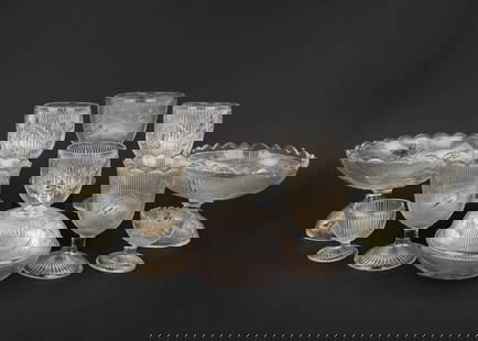Group of Ribbed Bellflower and Ivy Pattern Glass: Collection of 11 pcs. of Ribbed Bellflower and Ribbed Ivy Early American Pattern Glass EAPG tableware including 2 scalloped edge compotes, 2 footed master salts, covered serving dish, 5 goblets, etc.