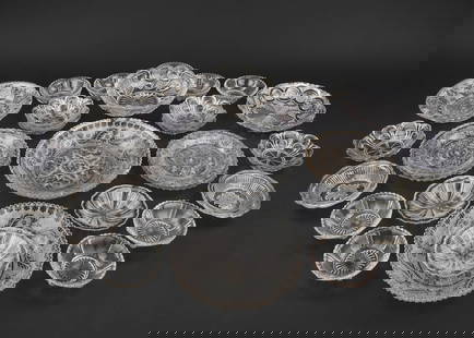 Group of Sandwich and Early Pressed Glass: Group of approximately 31 pcs. of Sandwich and Early American pattern glass including lacey flint plates, Horn of Plenty bowl, petal motif side bowls, 8 paneled cable side bowls, etc. dia. 3.5"-8.5"