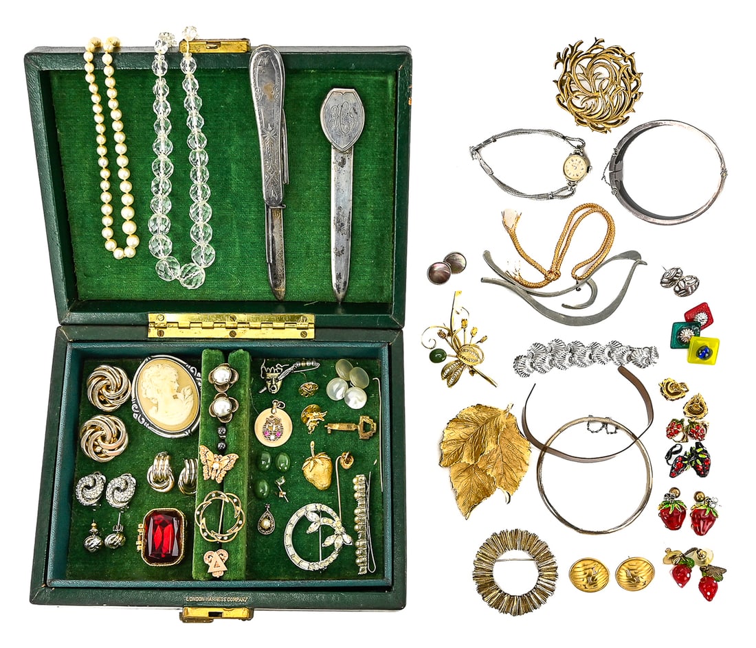 Gold, Silver, & Costume Jewelry: Vintage jewelry box with 2 10k stick pins, 10k pendant with pearl, other gold jewelry, sterling fruit knife, sterling bookmark, Victorian coin silver engraved bracelet, Coro and other costume jewelry,