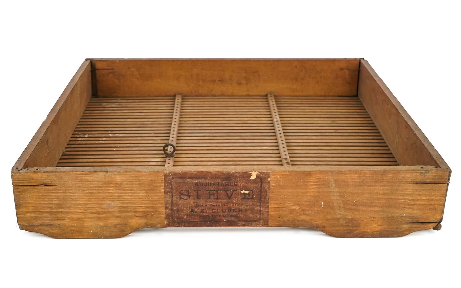 A S Clough, Meredith, NH Adjustable Sieve: A S Clough, Meredith, NH labeled adjustable wooden sieve, patented and manufactured by Aaron Sanborn Clough (1834-1930), Meredith, NH., ("According to an 1879 advertisement, the sieve was designed "fo
