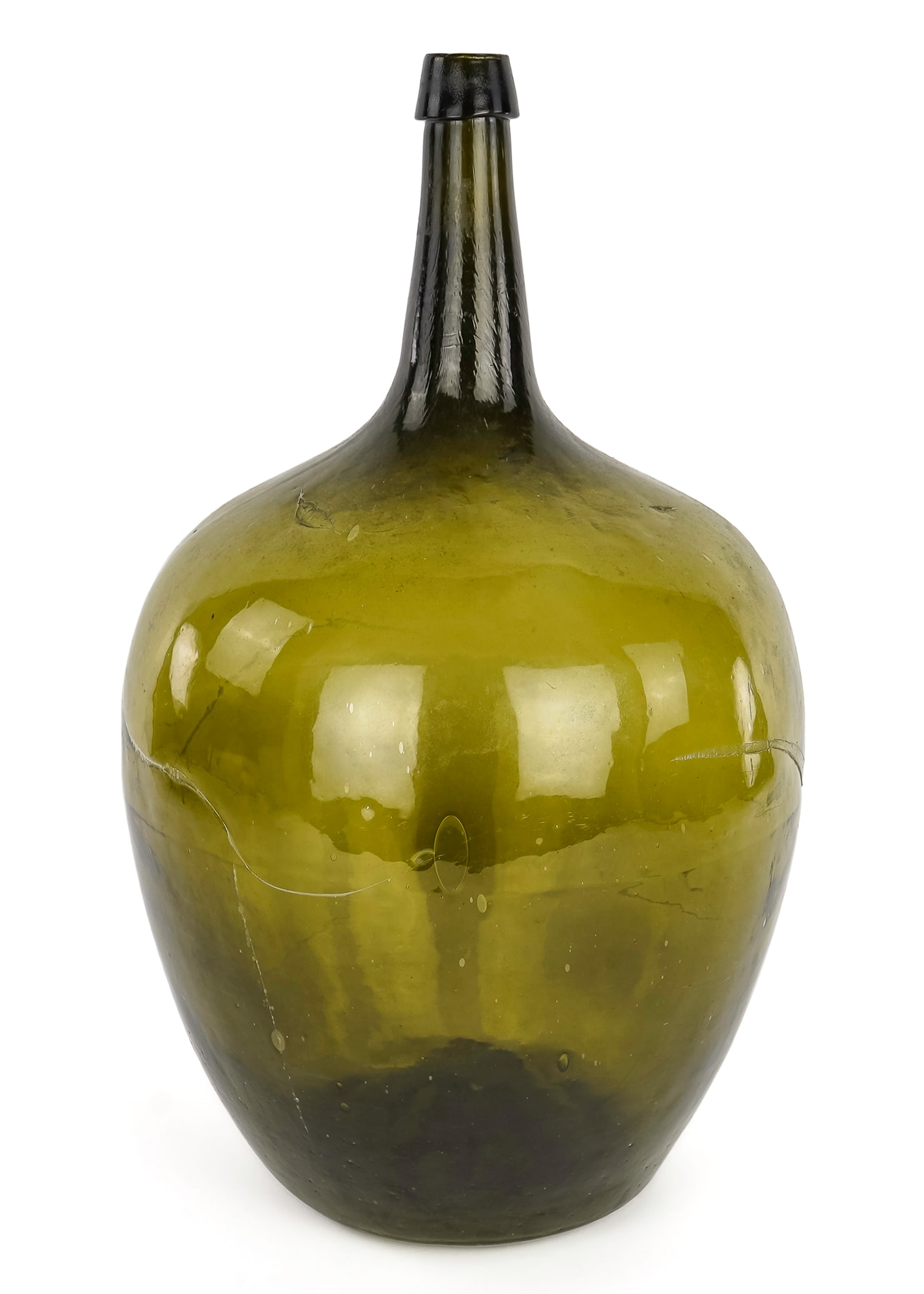 Large Blown Glass Demijohn Bottle: Large blown glass demijohn bottle, open pontil, burst bubble, interesting creases (in manufacture), ht 20 3/4", diameter about 12"