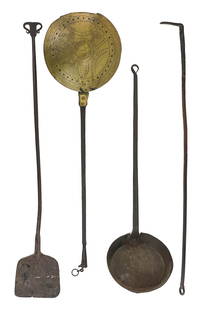Late 18th/ Early 19th c Fireplace Wrought Iron: Late 18th/ early 19th c fireplace wrought iron, including ram's horn peel, rebuilt chestnut roaster, long handle skillet, long handled poker, lengths 38" to 48"