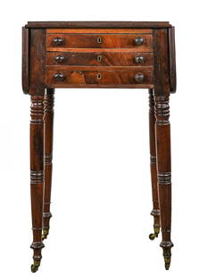19th c Sheraton two drawer work table: 19th c Sheraton mahogany two drawer work table (one small drawer over a simulated double drawer) 29 x 17 x 18" 8.5" leaves