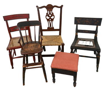 Five 19th c Chairs: Five 19th c Chairs- country Chippendale Mahogany side chair with later rush seat, Sheraton Fancy chair with stencil decoration, damaged cane seat, Child's country windsor high chair in original finish