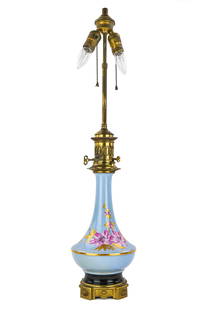 19th c French Gilt Brass & Porcelain Table Lamp: Late 19th c French gilt brass & porcelain table lamp, electrified, originally had been a fluid lamp, column needs tightening, ht 33"