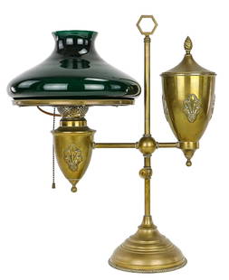 19th c French Brass Student Lamp: Late 19th c French brass student lamp, electrified, originally had been a fluid lamp, ht adjuster stuck, emerald shade has tiny chip, ht 21"