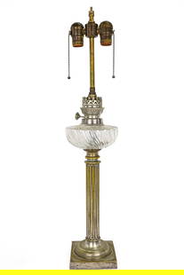 19th c Continental Silvered Brass Lamp: 19th c Continental silvered brass Astral type ribbed column table lamp, electrified, originally had been a fluid lamp, overall ht 28"
