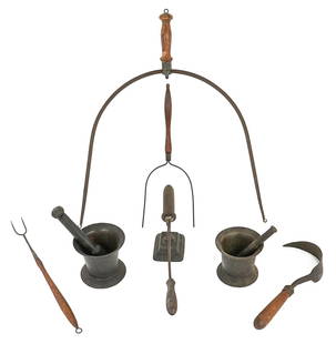 Late 18th/ 19th c Kitchen, Household Implements: Late 18th/ early 19th c cast iron mortars & pestles (one with gate mark), early 19th c goffering iron, cheese cutter (missing wire), fork, pie lifter, Indian sickle knife (7 pcs), hts/ lengths from 4"
