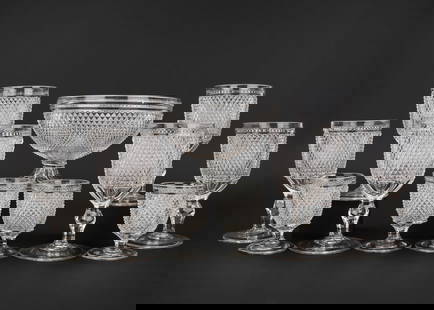Group of Diamond Sawtooth Early Pattern Glass: Group of Early American Pattern Glass EAPG Diamond Point/New England Sawtooth flint tableware including set of 6 stemmed water glasses, compote, and 4 smaller goblets ht. 4"-6.75"