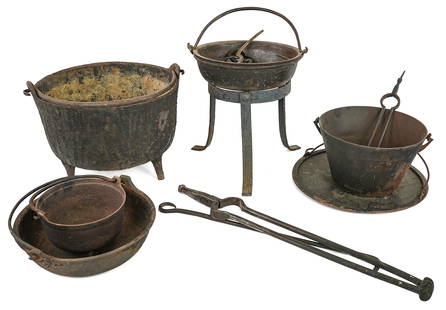 Early Cast Iron Kettles, Fireplace Cookware: Early cast iron kettles, footed kettles, fireplace cooking equipment, hand wrought iron, etc (local pick-up/ private carrier required on this lot)