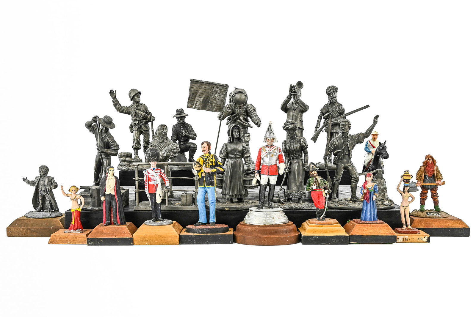 Collection of Miniature Cast Metal Figures: Collection of miniature cast metal figures including military uniform representations, historical Commemoratives, etc. 2.5"-4.5"