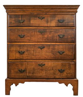 18th c Cherry & Pine Highboy Top/ Chest: 18th c cherry and pine 4 drawer highboy top, cherry drawer fronts, pine sides, later base added, case 33 1/4" wide, 18 1/4" deep, height 43 1/2"