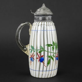 Victorian Striped and Floral Glass Syrup Pitcher