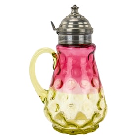 Hobb’s Victorian Rubina Verde Cranberry & Vaseline Glass Syrup Pitcher