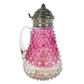 Hobnail Cranberry Opalescent Rubina Glass Syrup Pitcher